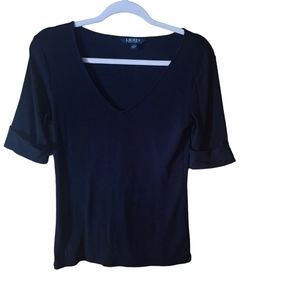 Lauren Ralph Lauren V Neck Cuffed Sleeve Black Top Size Medium